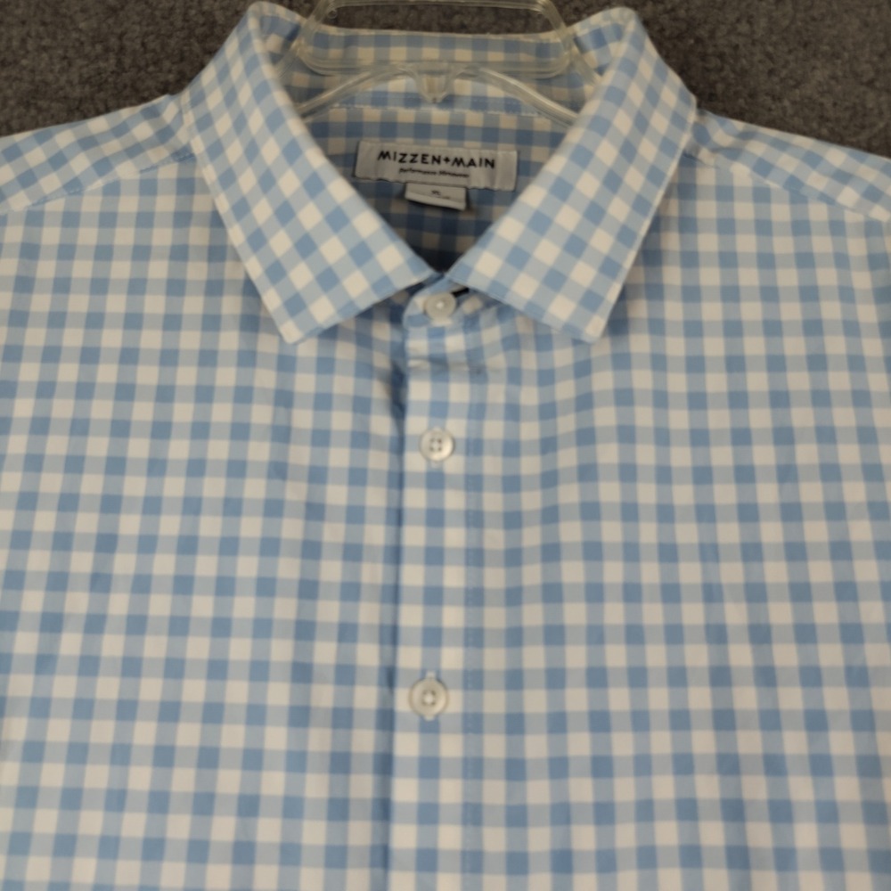 Mizzen+Main Shirt Mens XL Trim Tall Gingham Blue Performance Long Sleeve EUC